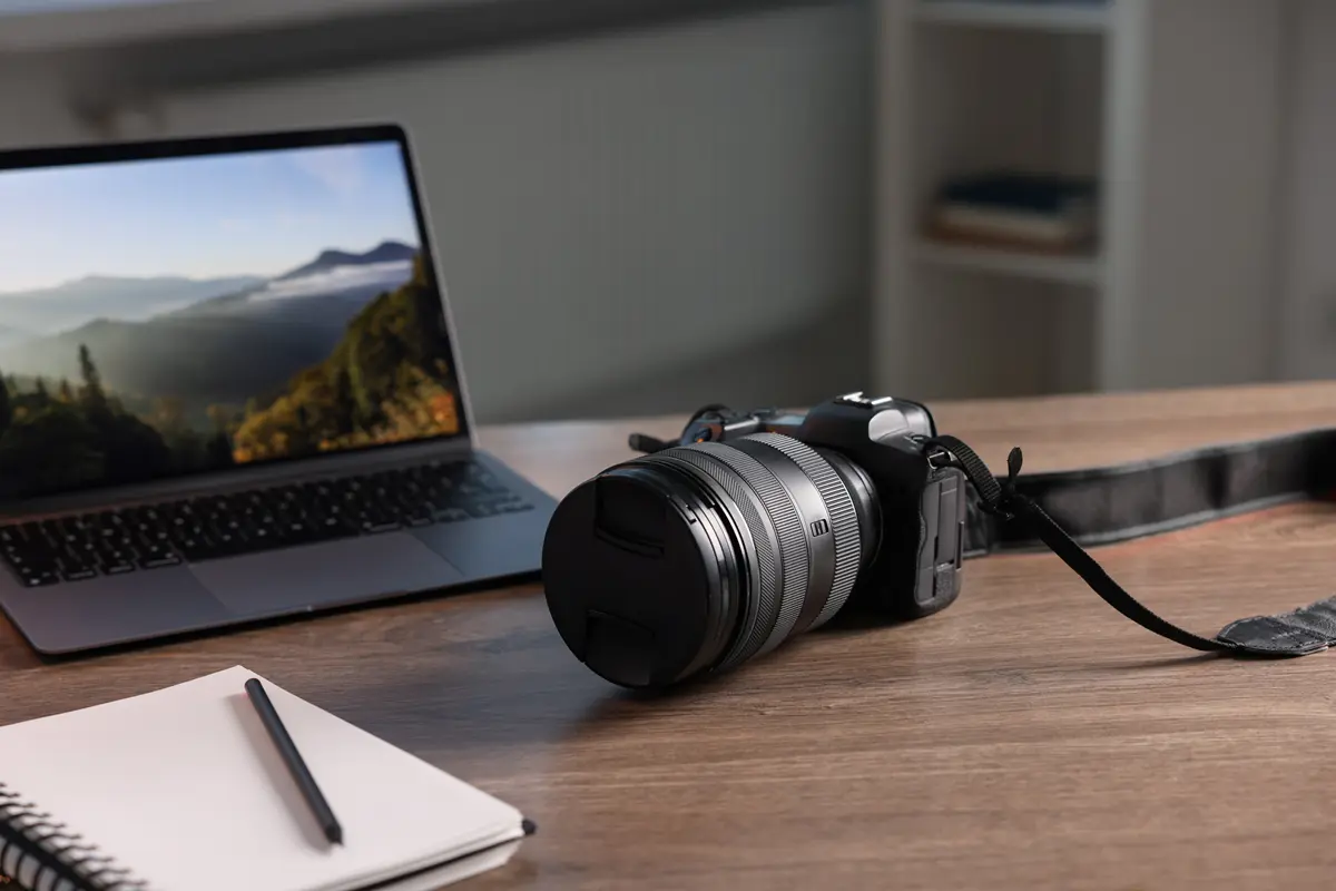 Camera, notepad and laptop on table.