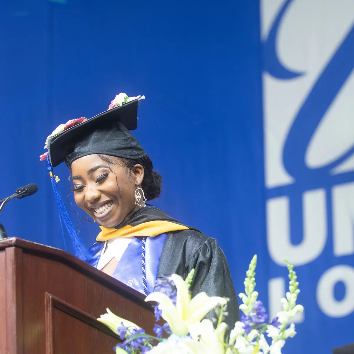 Annie La Fortune Soup Koagne speaks at the UMass Lowell 2022 Ceremonies.