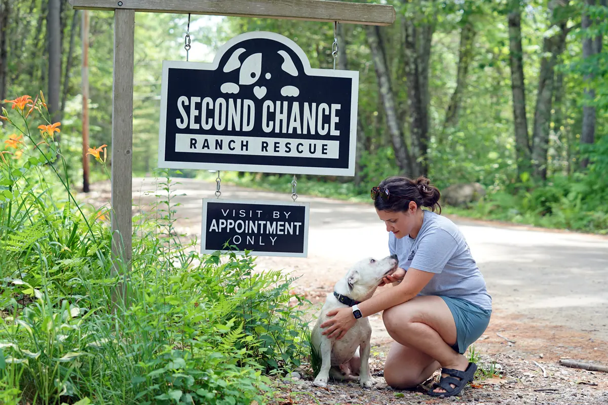 A woman in shorts and a T-shirt pets a white dog near a sign that says Second Chance Ranch Rescue Visit by Appointment Only on the side of a road.