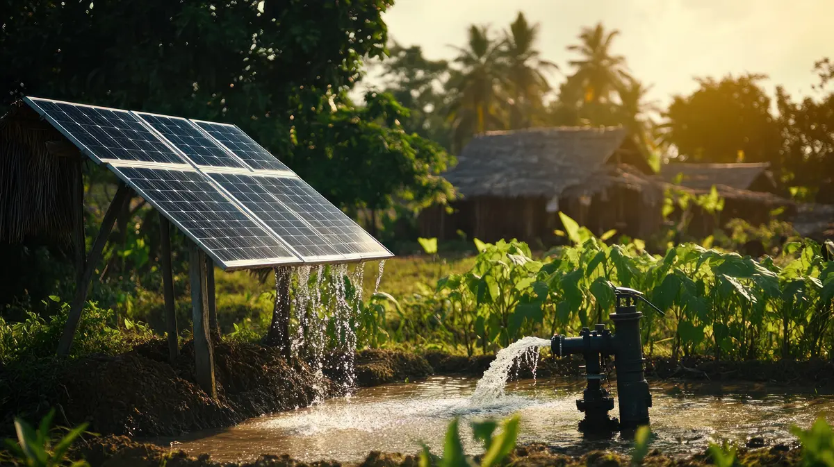 Solar-powered water pump irrigating a rural farm.