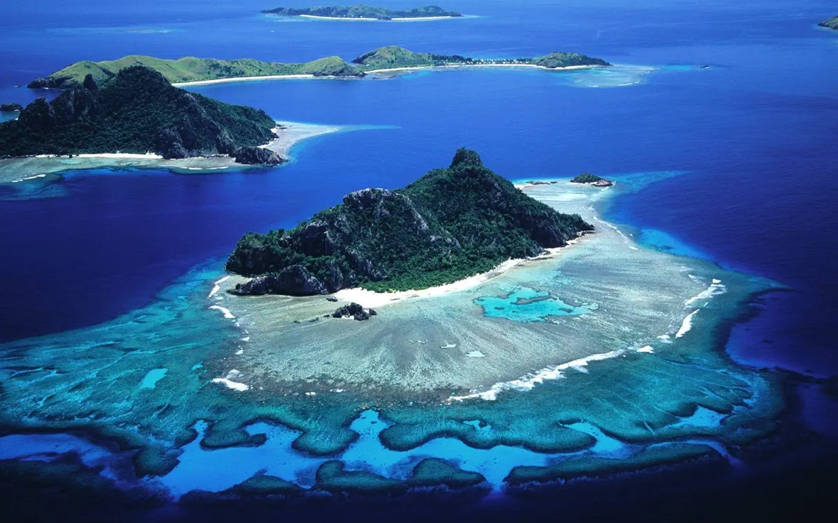 An aerial view of Galapagos islands in the ocean.