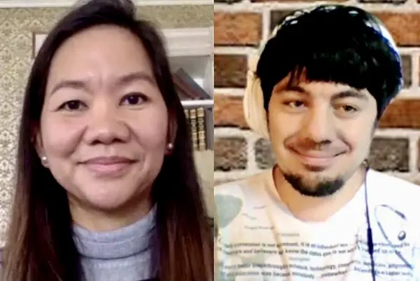 A woman and a man smile for photos while on Zoom