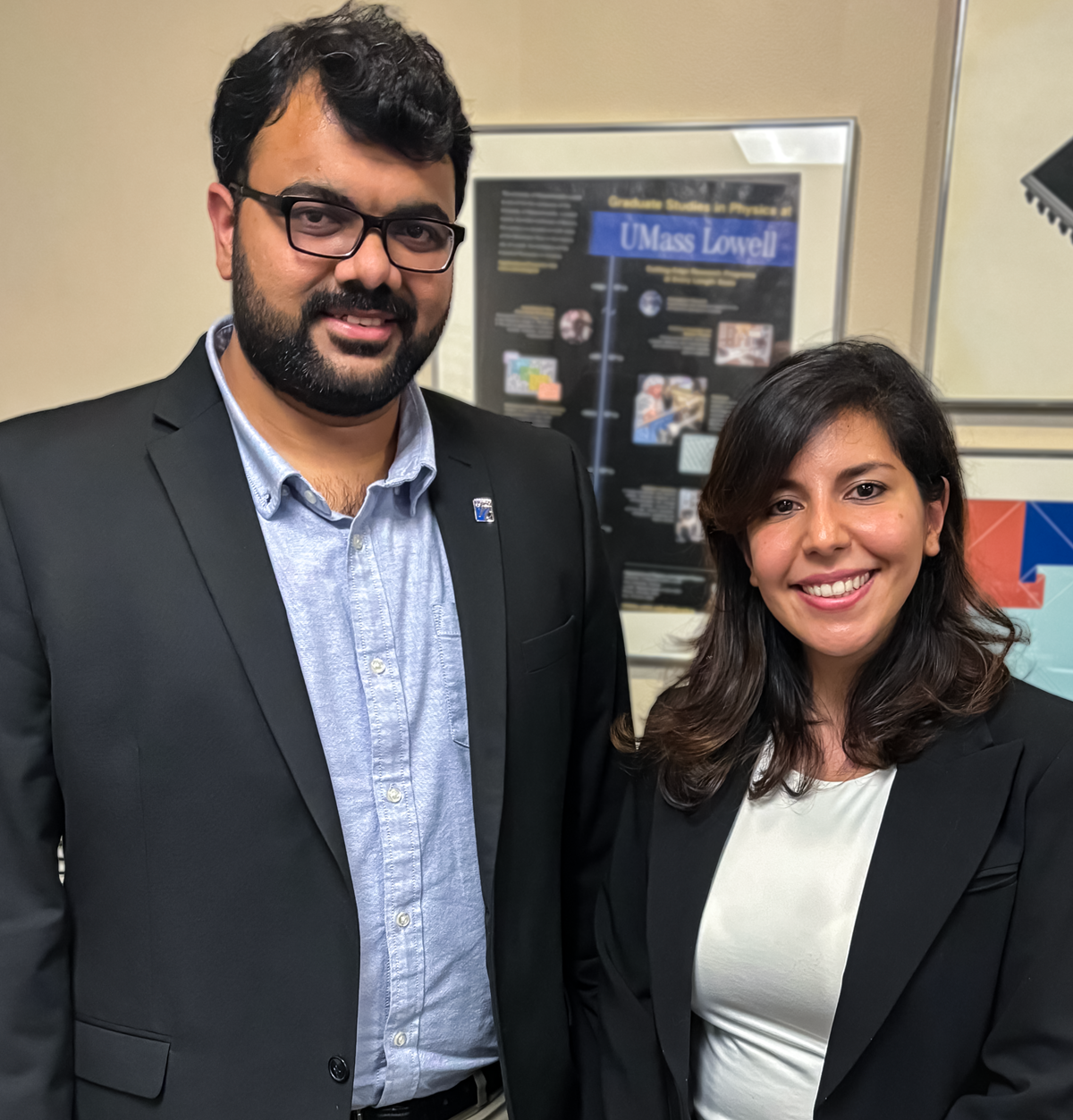 2024 Graduate Fellowship Award recipients Sourabh Kulkarni and Shayesteh Tafazoli pose in an office.