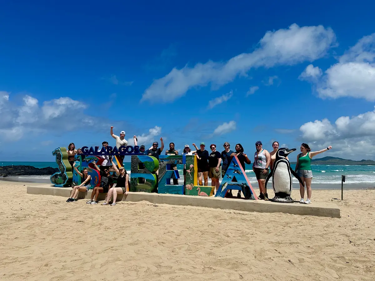 A dozen college students admire the view from the top of a caldera.