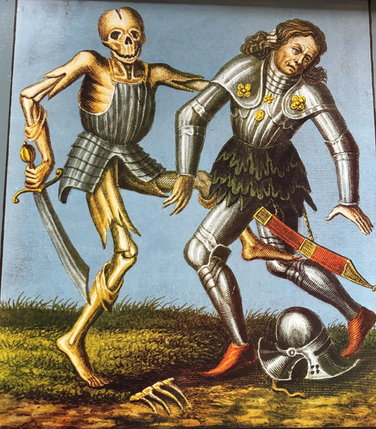 Illustration: Medieval skeleton and human in body armor sword fighting and bones on ground.