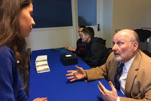 Koltai talks to senior international business major Sophia Laura at UMass Lowell