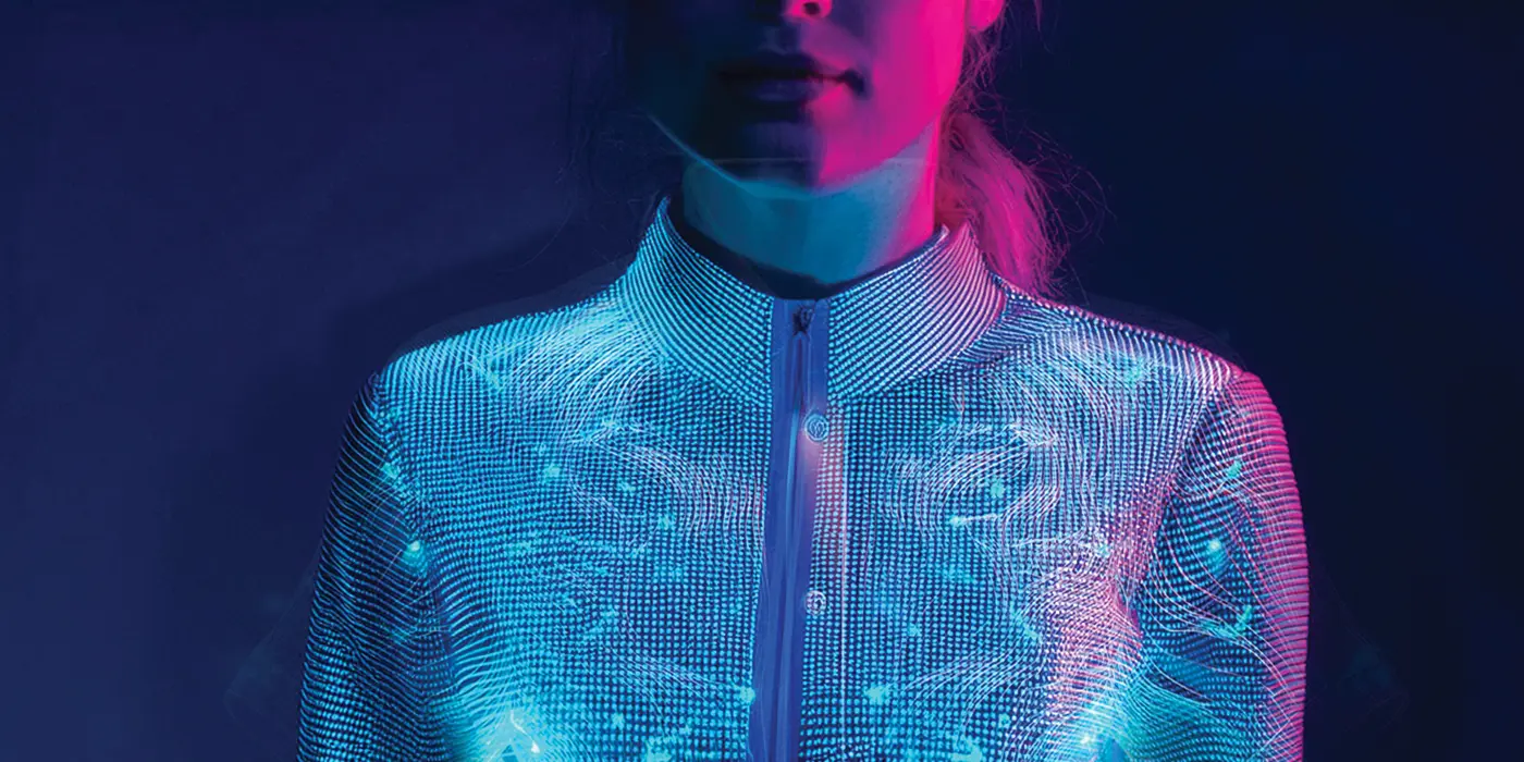 Women's torso with metallic, futuristic sweatshirt.