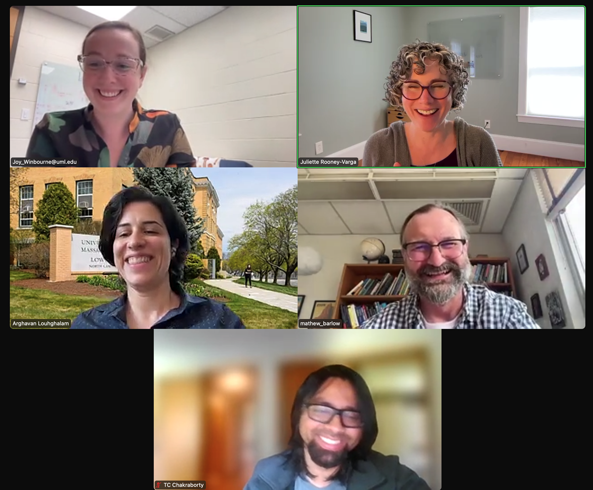 Joy Winbourne, Juliette Rooney-Varga, Mathew Barlow, TC Chakraborty and Arghavan Louhghalam on a Zoom call.