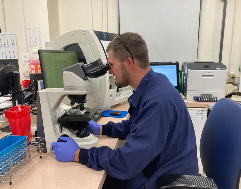 Michael McCormack seated at lab desk looking into microscope