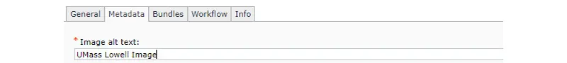 Metadata tab: Image alt text: UMass Lowell Image. Other tabs: General, Bundles, Workflow, Info.
