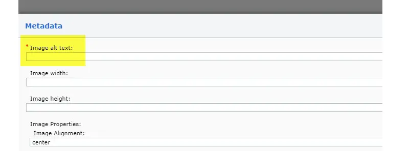 Metadata window: *Image alt text: highlighted. Other headings: Image width, Image height, Image Properties: Image Alignment: center. 