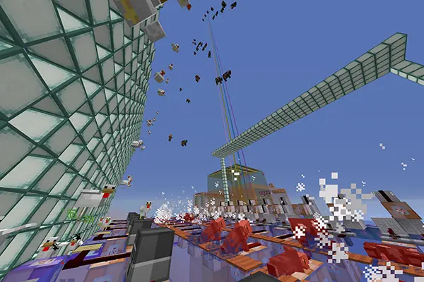 An image of falling creatures from the Minecraft musical video "Chicken Hero, Villager Hero, Cow Hero" created by Assoc. Teaching Prof. Ramon Castillo