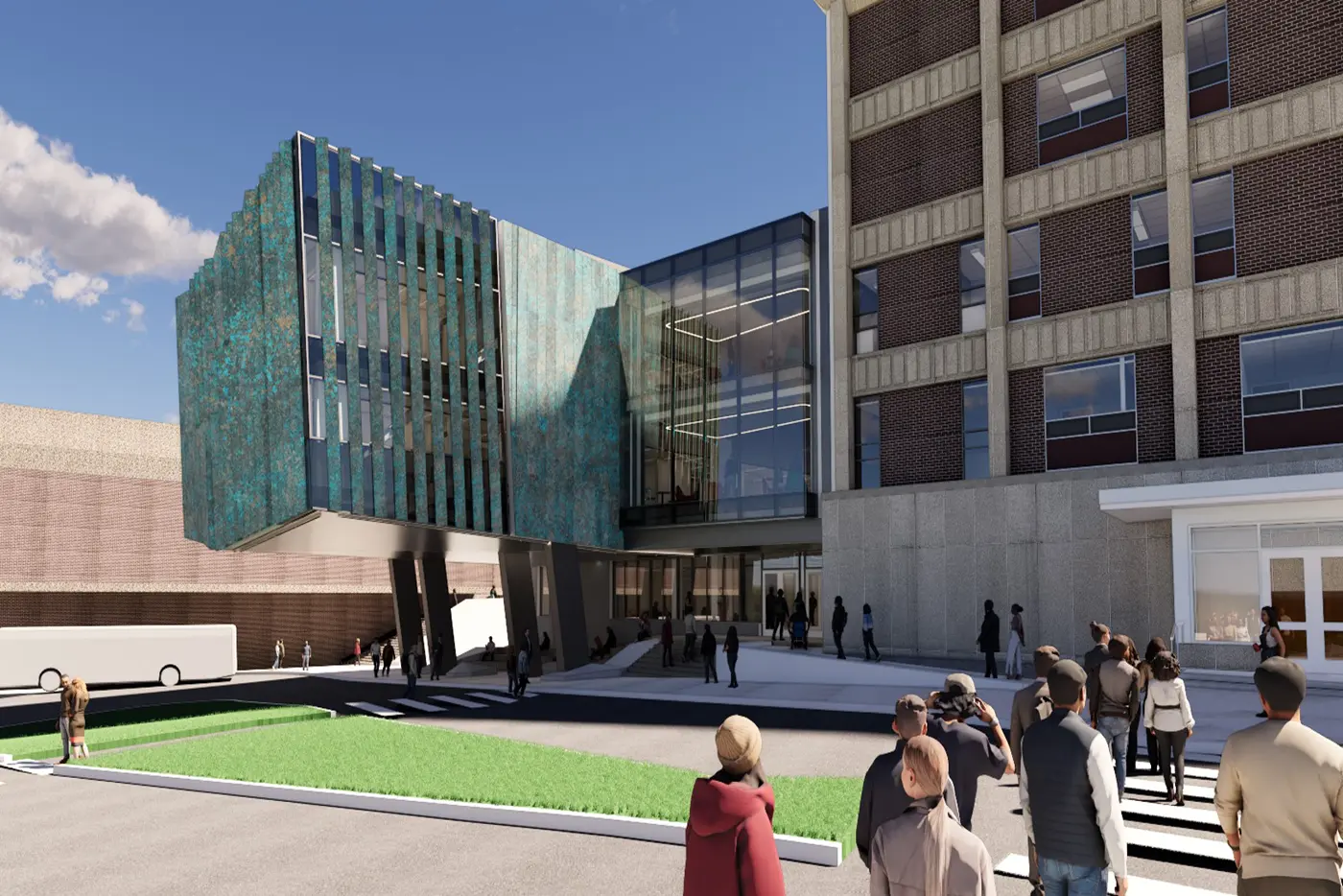 An artist rendering of a three-story building addition, with people crossing a street in the foreground.