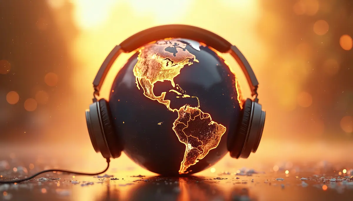 Globe of Planet Earth wearing headphones, glowing with vibrant orange light behind it.