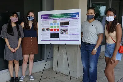Four young women wearing masks flank a poster on an easel