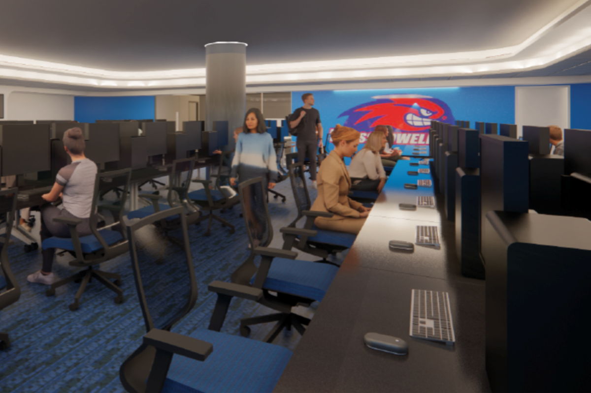 Rowdy's Esports Arena design mockup featuring people, tables and computers.