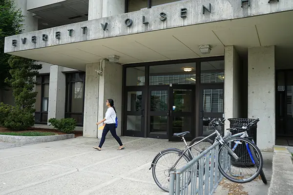 A bike rack in front of Olsen Hall that will be replaced