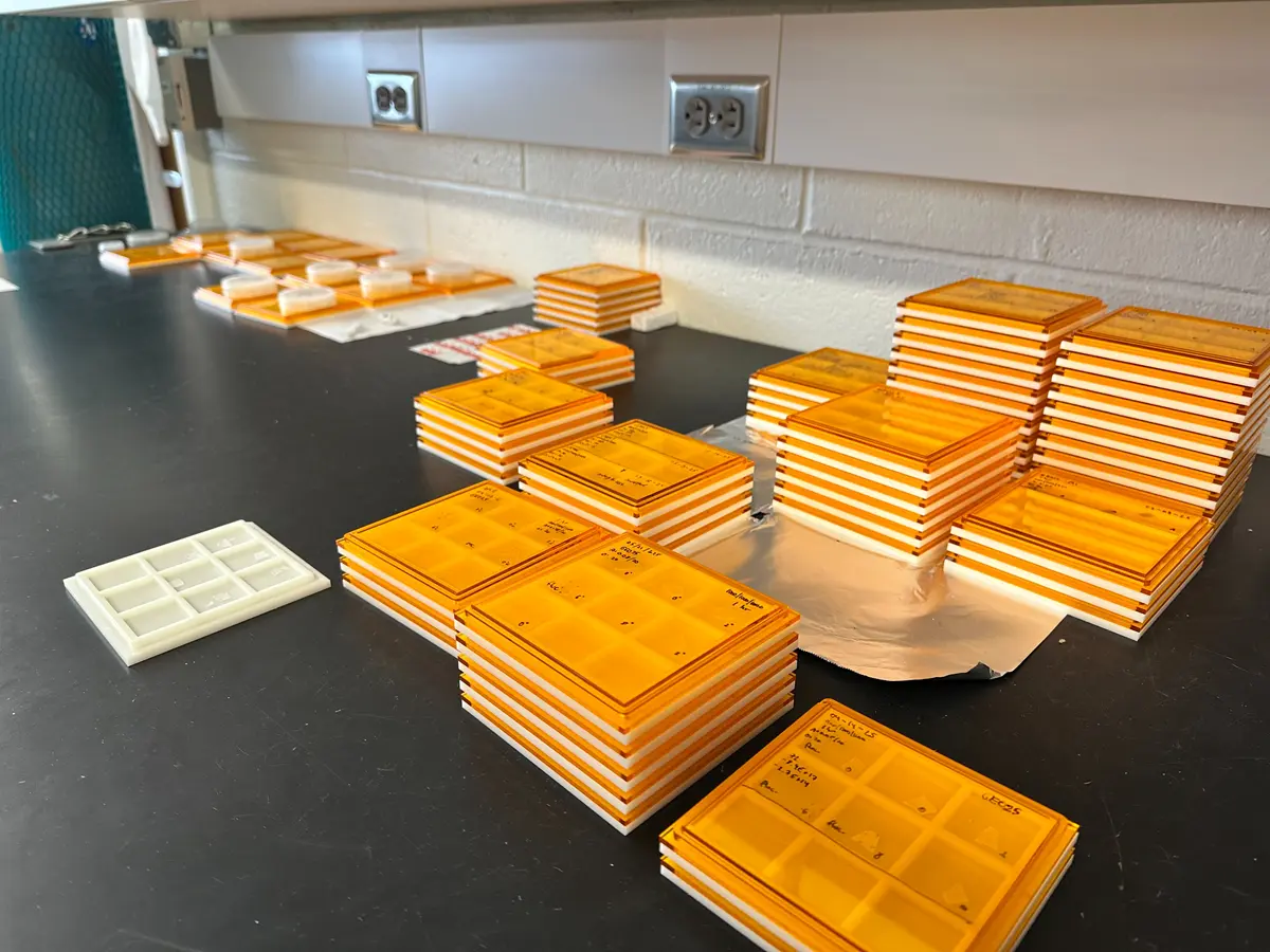 Stacks of orange trays holding samples in a laboratory