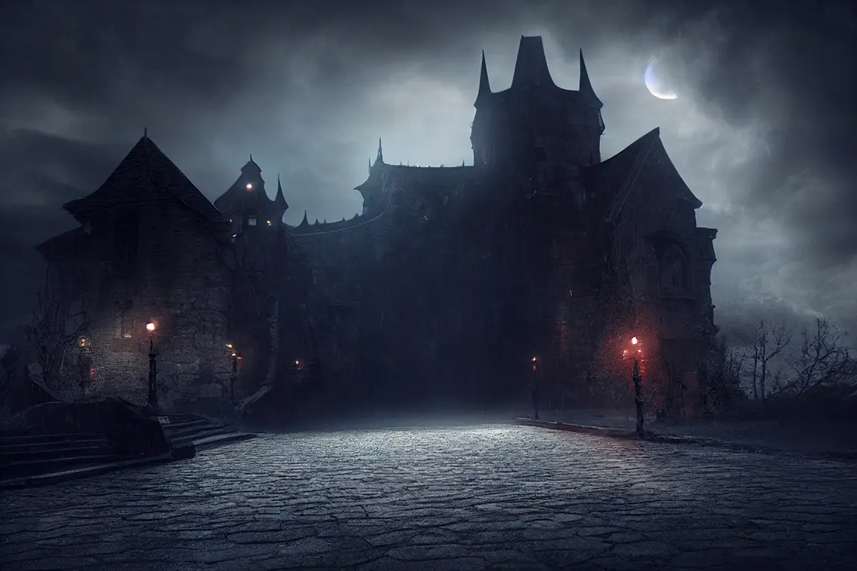 Spooky old gothic castle, foggy night, small moon, dim street lights.