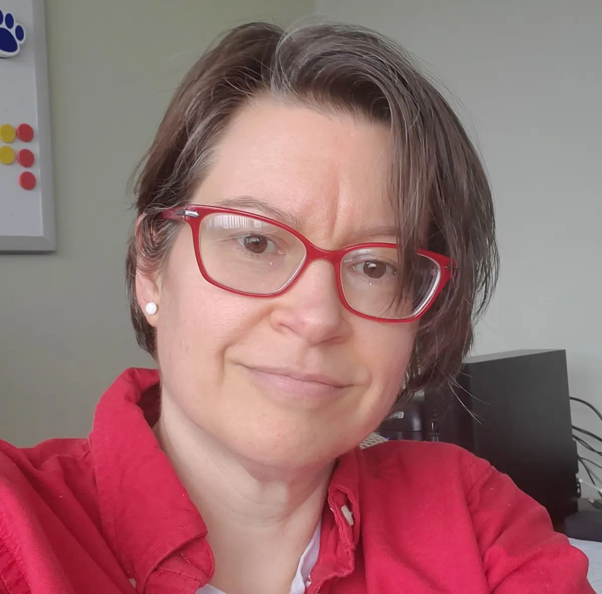 Meridith Macknight, UML Health Physics alumni, headshot photo wearing red shirt, with a computer in the background