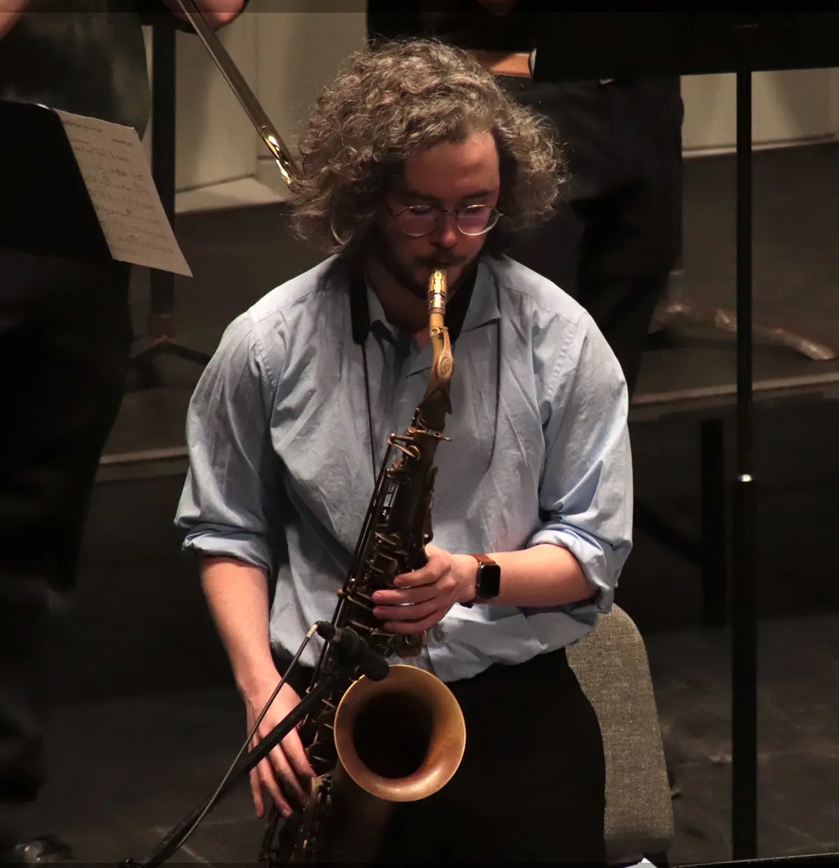 Student playing tenor saxophone