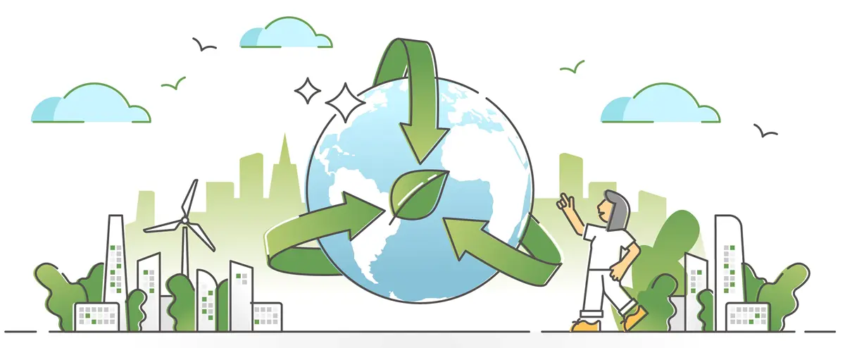 Illustration of environmental awareness, sustainability, preservation earth encircled by arrows.