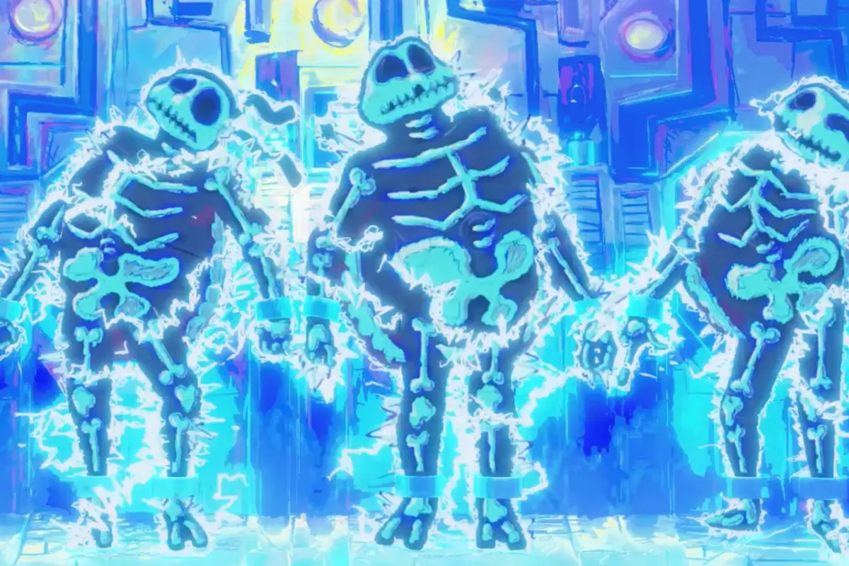 An animation of 3 cartoon turtle characters being electrocuted.