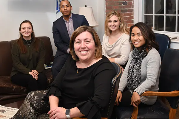 Five UMass Lowell alumni work in Congresswoman Lori Trahan's district office: Emily Byrne, Sara Khun-Leng, Vladimir Saldana, Sarah Byrne and Meaghan Gallagher