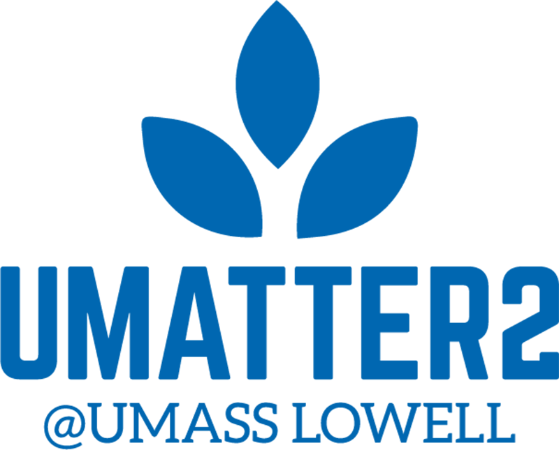 UMatter2 Logo: 3 blue leaves above text: UMATTER2 @UMASS LOWELL
