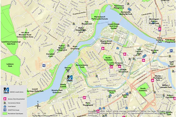 A map of central Lowell showing resources for healthy aging