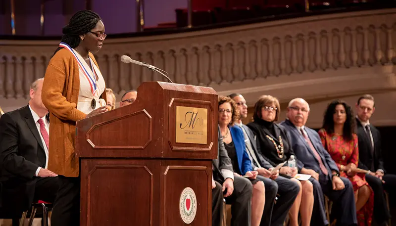 Amina Mohammed speaks at Youth Poet Laurete Ceremony at Mechanics Hall, Worcester