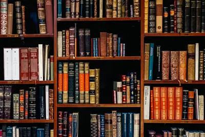  A bookcase that contains a wide variety of books, resembling that of a library at a college or university. 