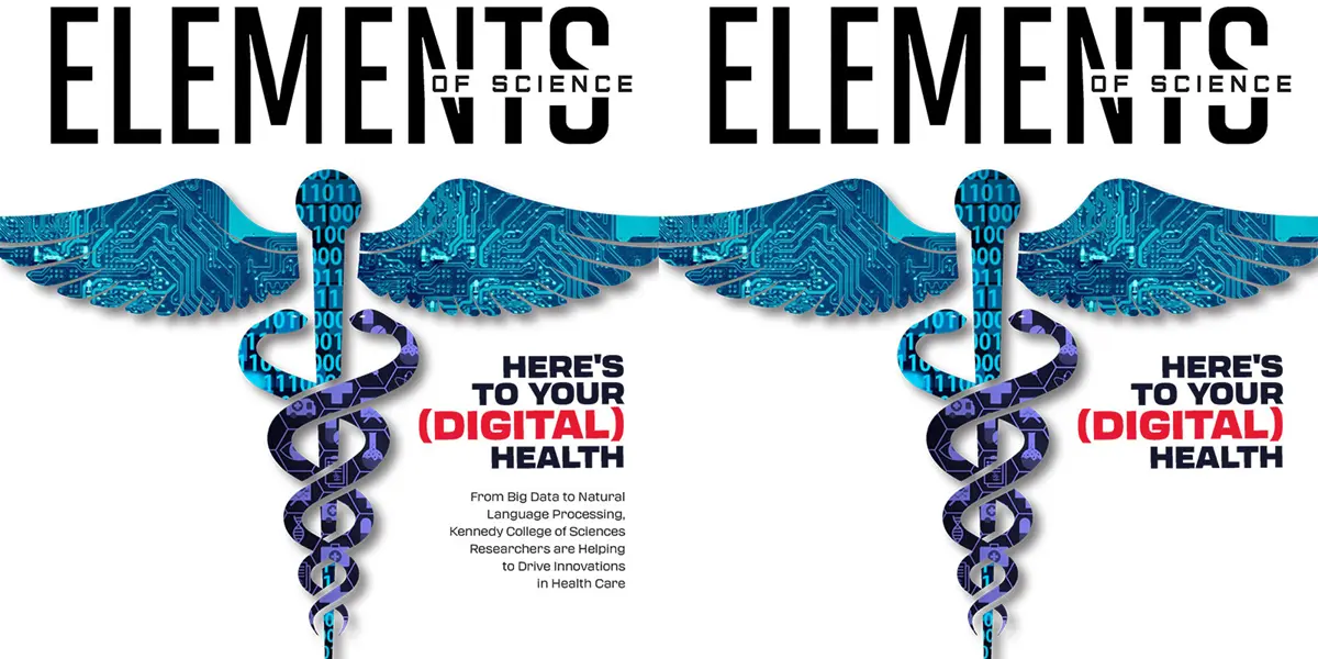 The same Elements of Science magazine cover side by side. 1 with less text, both have a stylized Caduceus & Here's To Your Digital Health. 