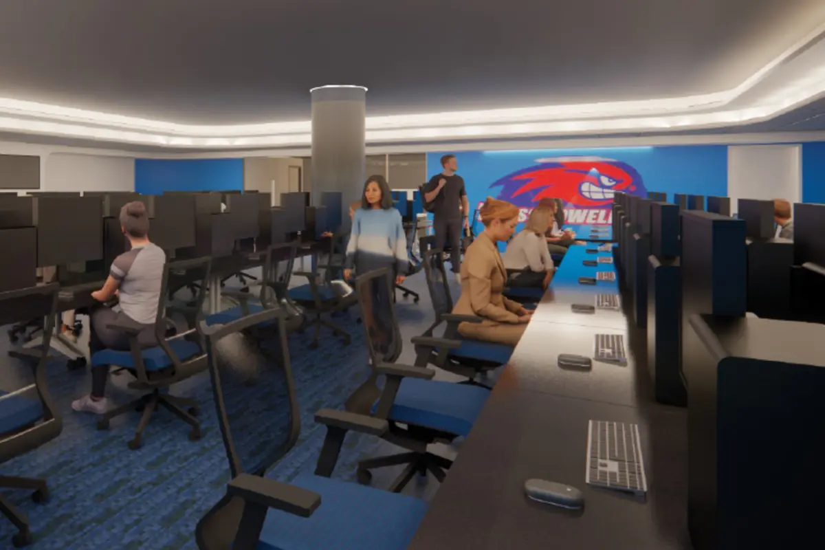 An artist rendering of a room full of long tables with computers.