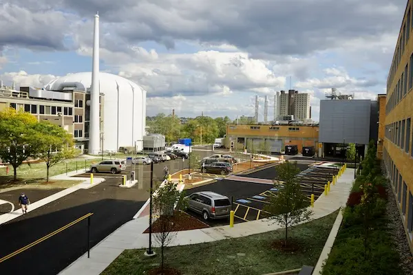 An elevated view of the refinished parking area on North Campus