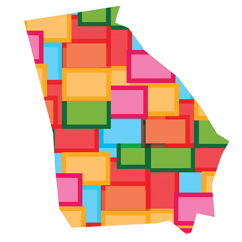 State of Georgia outline with multicolored sections in it