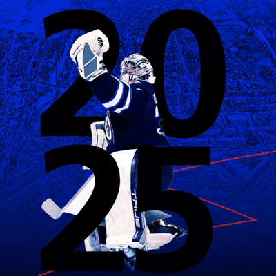 Hockey goalie Connor Hellebuyck superimposed on 2025