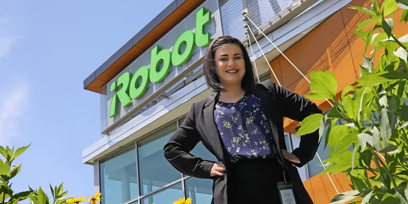 Kelly Dankese outside of iRobot in Bedford, MA