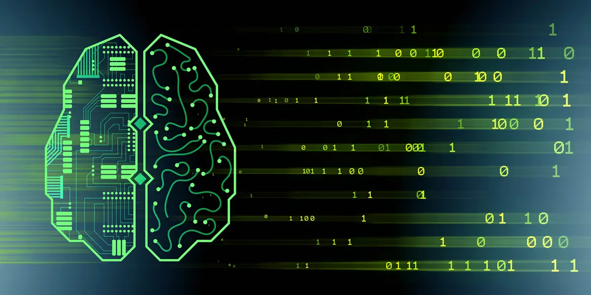 Illustration of a brain with 0s and 1s, green on a black background