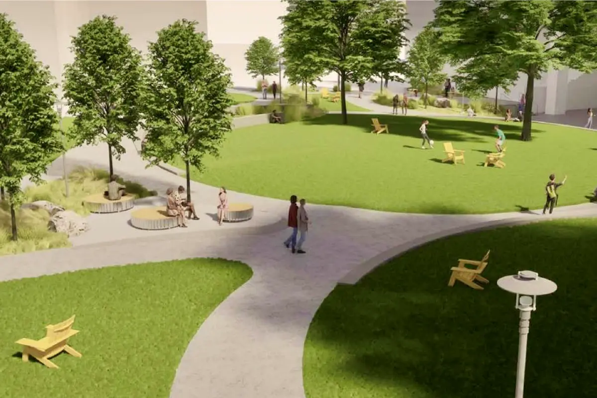 An artist rendering of a campus quad with walking paths.