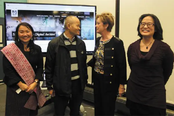 SEADA co-director Phitsamay Uy of Lowell, Angkor Dance Troupe operations manager Tim Thou of Lowell, UML Chancellor Jacquie Moloney and Sue Kim, SEADA project director